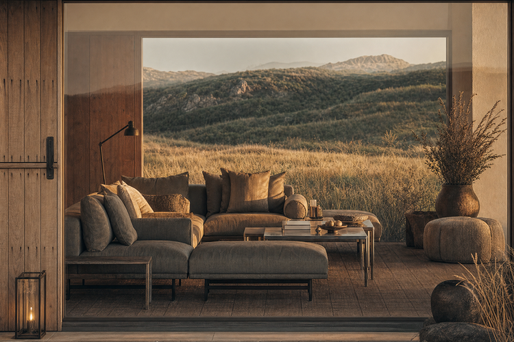 Boutique hospitality property designed by Elliott Cole Home, featuring breathtaking mountain views, organic textures, natural materials, and quiet luxury for an intimate and relaxing guest experience.